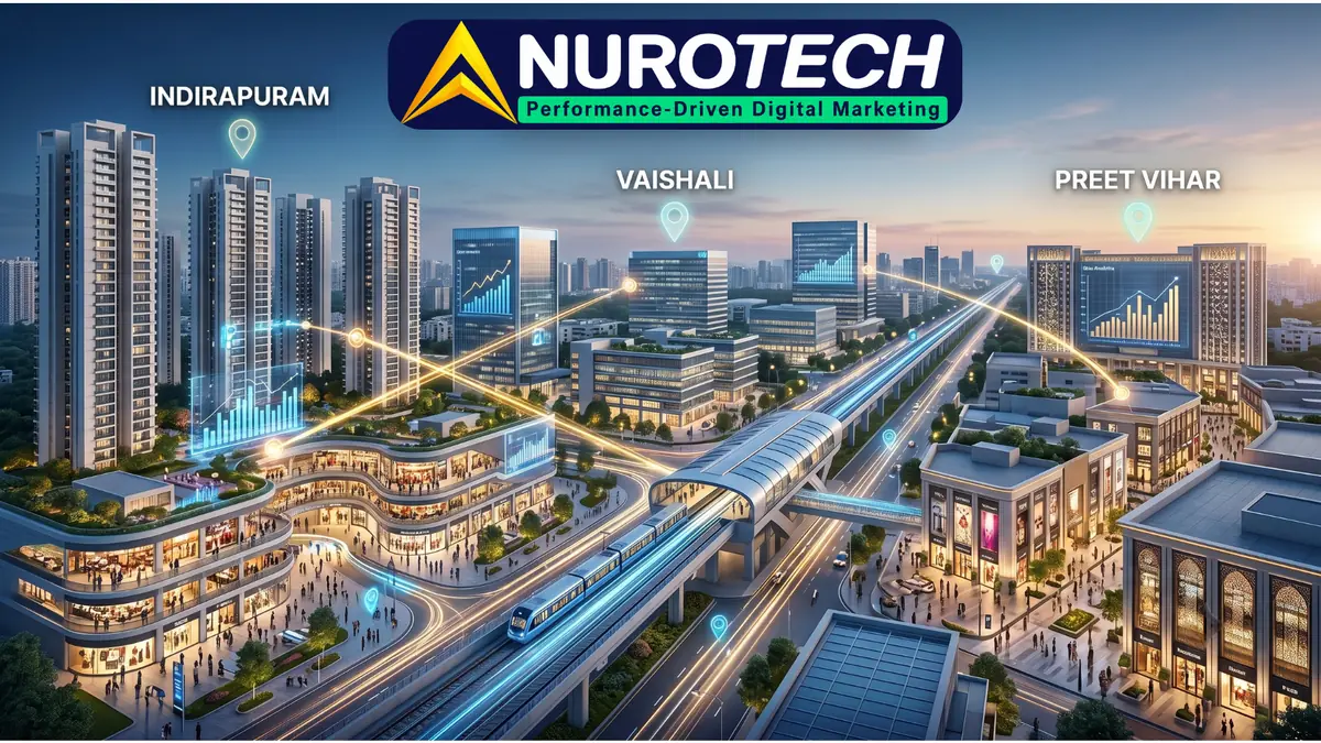 Advertise your business in Indirapuram, Vaishali or Preet Vihar — the three local markets compared, with pinned residential towers, metro-corridor offices and retail high street plus growth charts
