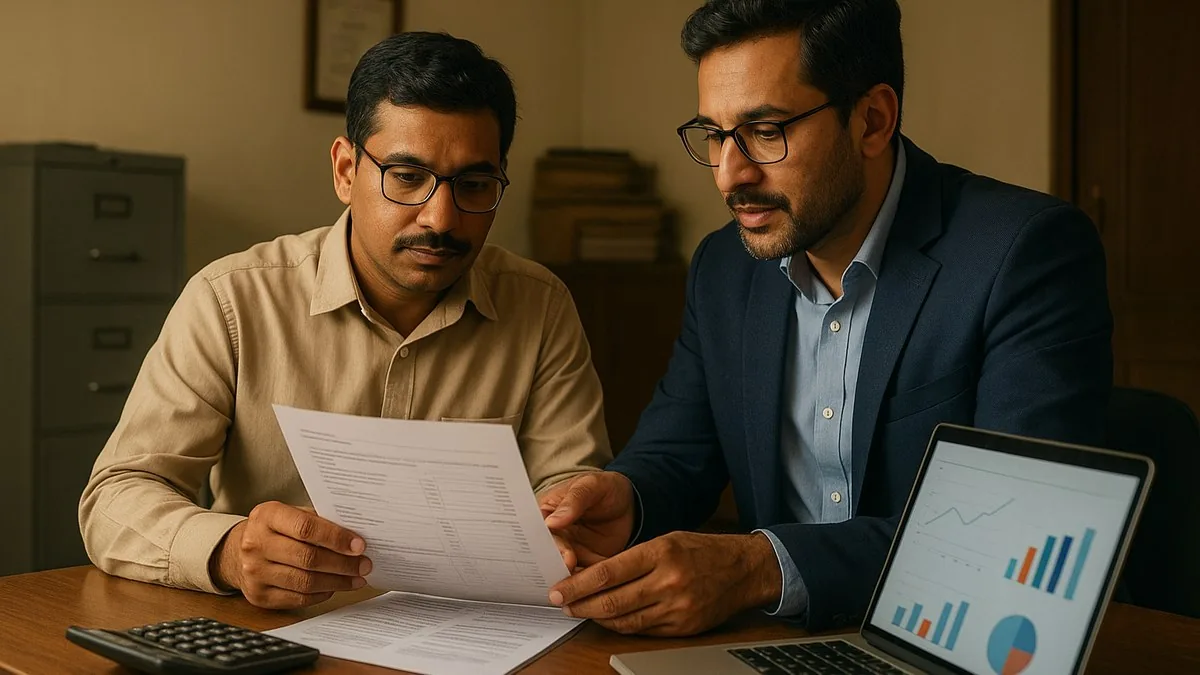 Delhi business owner reviewing an itemized digital marketing scope and invoice with a consultant