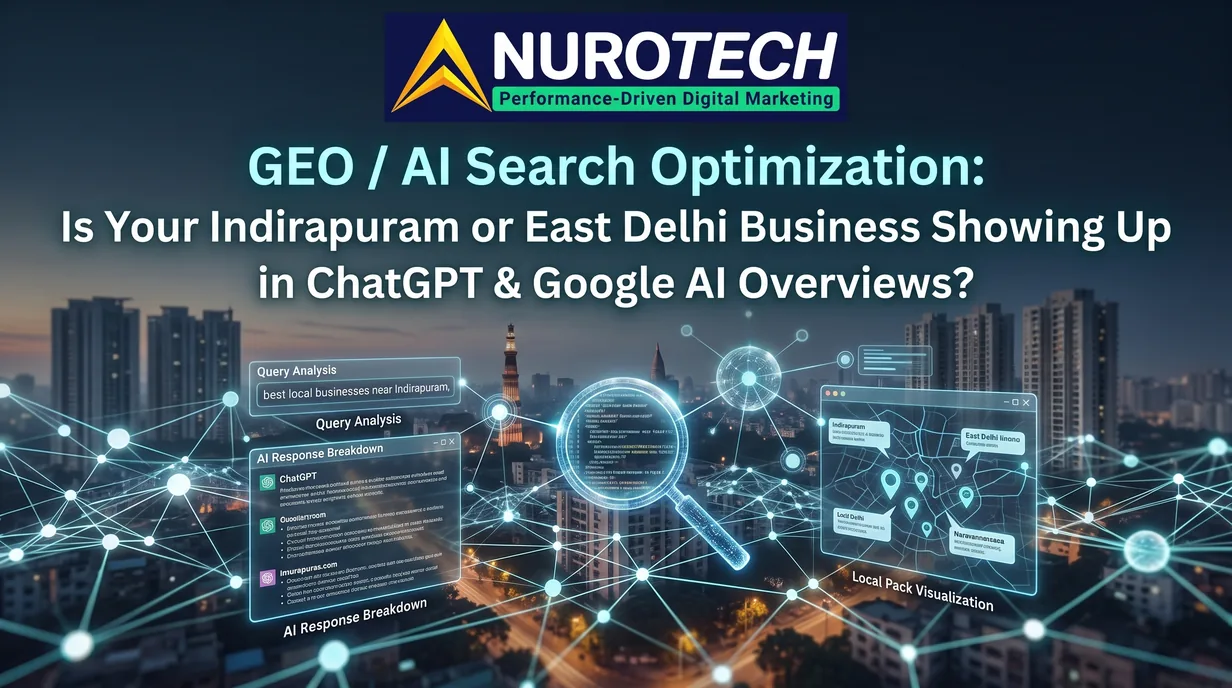 AI search optimization for Indirapuram and East Delhi businesses — ChatGPT and Google AI Overviews citing local results over a Delhi NCR skyline