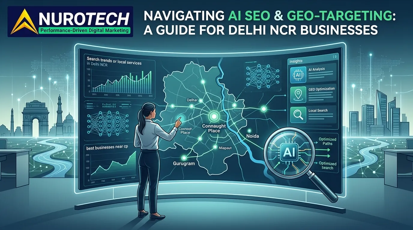 AI SEO and GEO targeting guide for Delhi NCR businesses — analyst reviewing a Delhi, Gurugram and Noida search map with AI citation and local search insights