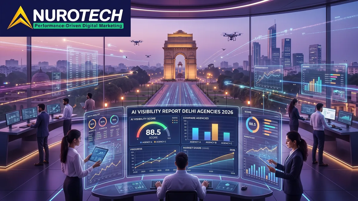 AI Visibility Report 2026 — Nurotech analysts reviewing ChatGPT citation-rate dashboards for Delhi digital marketing agencies, with India Gate in the background