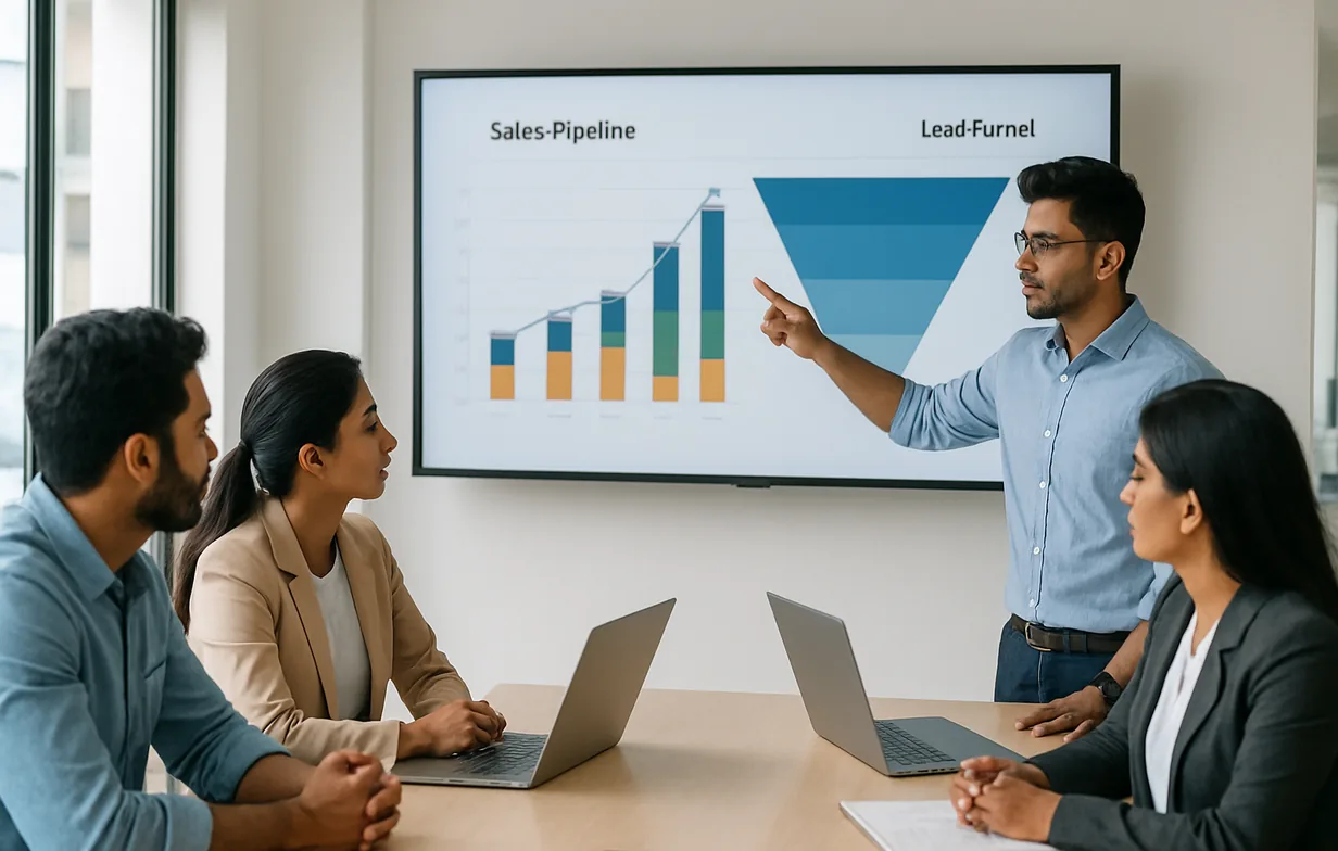 B2B sales and marketing team reviewing a lead generation pipeline in a Delhi office