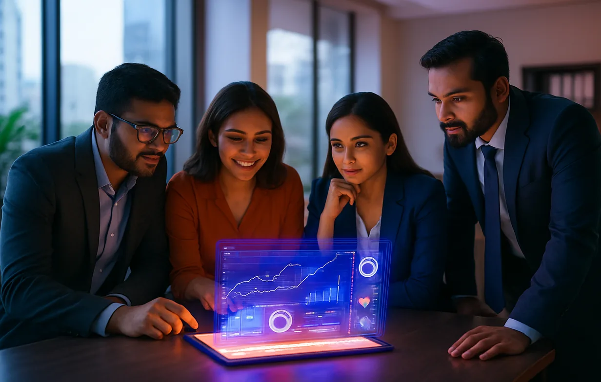 A Delhi digital marketing team collaborating around a glowing analytics dashboard in a modern office