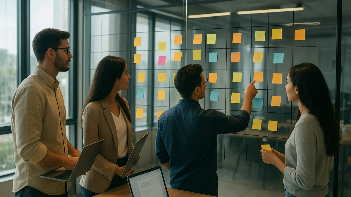 Content marketing team planning a 2026 editorial calendar on a wall grid in a Delhi office