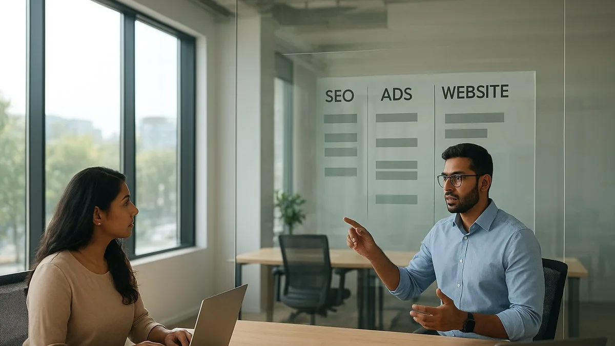 Strategist explaining a transparent digital marketing pricing breakdown by service tier to a client in an Indian agency office