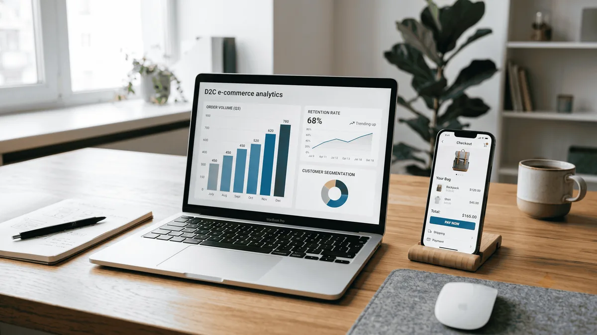 D2C ecommerce analytics dashboard and mobile checkout screen used to judge the app revenue threshold