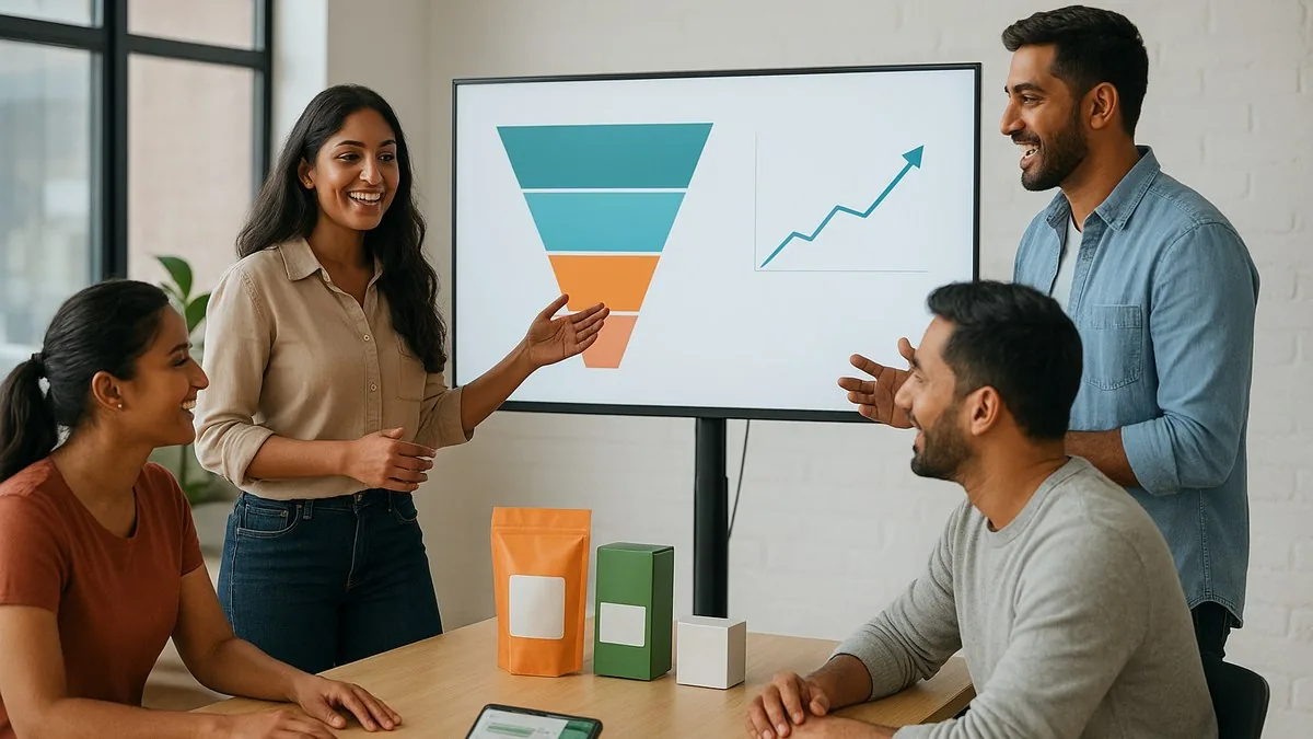 Indian D2C brand team reviewing customer acquisition and retention funnel diagrams in a startup office