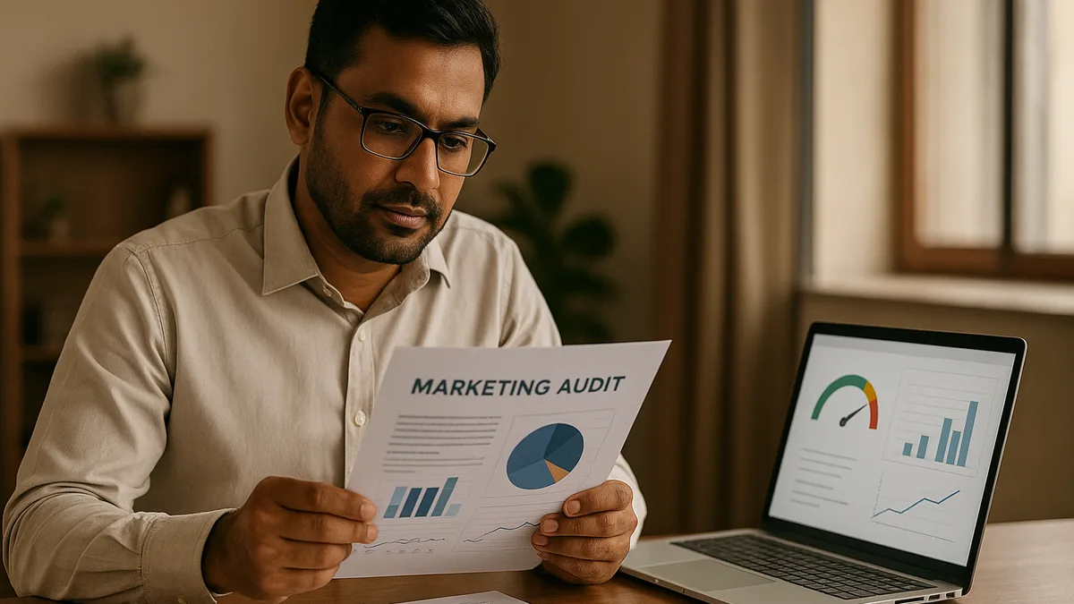 New Delhi business owner reviewing a printed digital marketing growth audit report