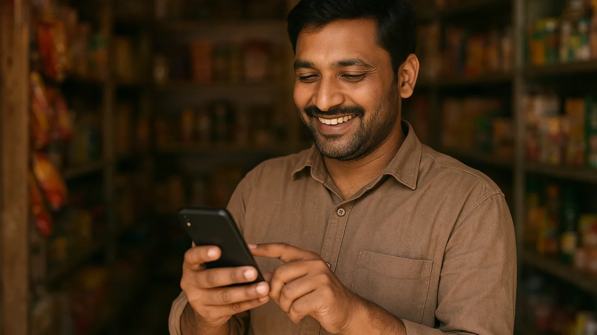 Small business owner in Delhi NCR replying to a customer WhatsApp enquiry from a retail shop