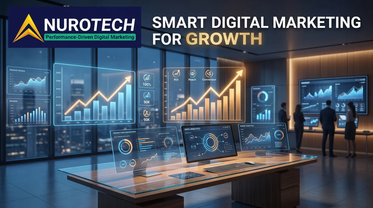 Digital marketing agency in Delhi — Nurotech performance dashboards tracking ROI, reach and conversion growth on rising campaign charts in a modern office