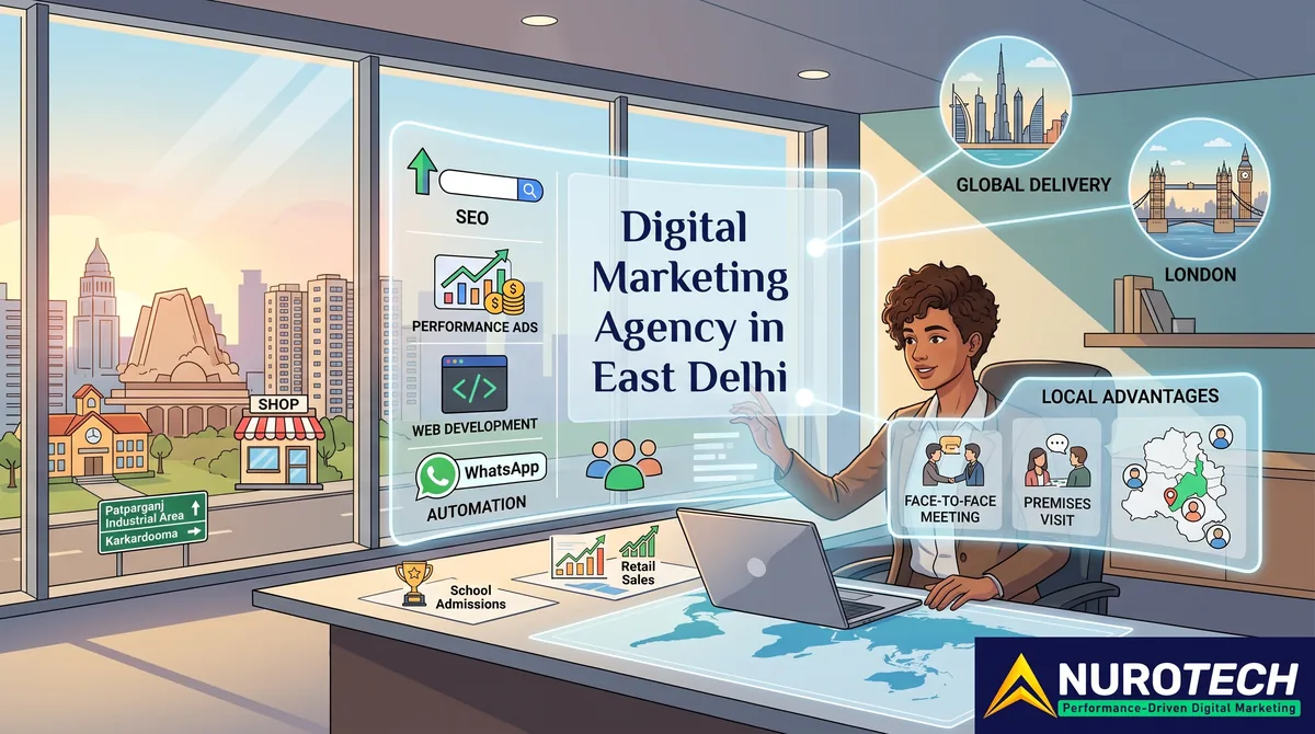 Digital marketing agency in East Delhi — Nurotech strategist reviewing SEO, performance ads, web development and WhatsApp automation for Patparganj and Karkardooma businesses, with local face-to-face support and global delivery