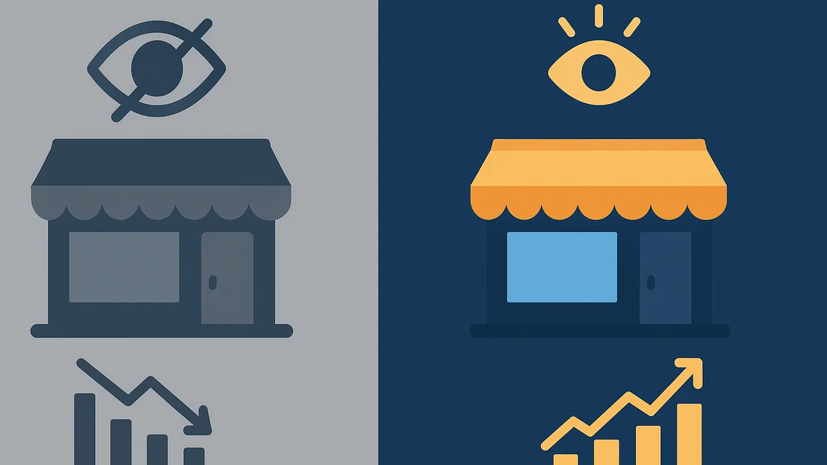 Before and after comparison of a Preet Vihar business's local search visibility, from page 3 to page 1