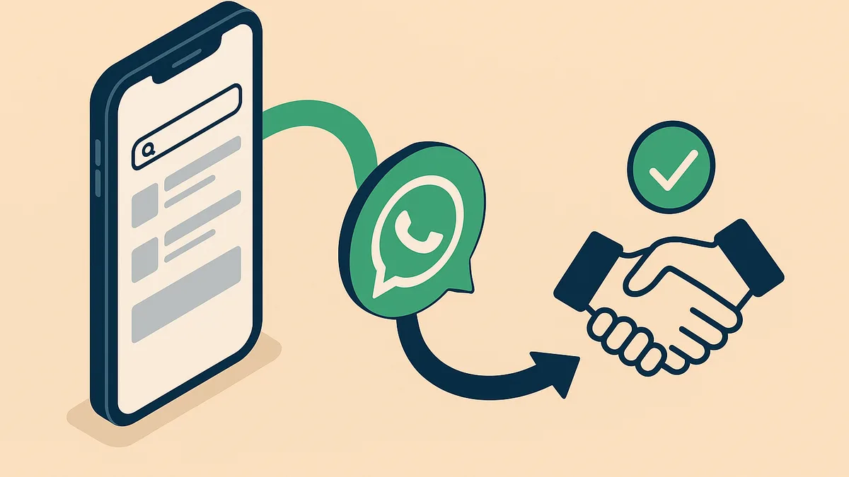 Illustration showing a customer conversion funnel from Google search to WhatsApp chat for an East Delhi local business