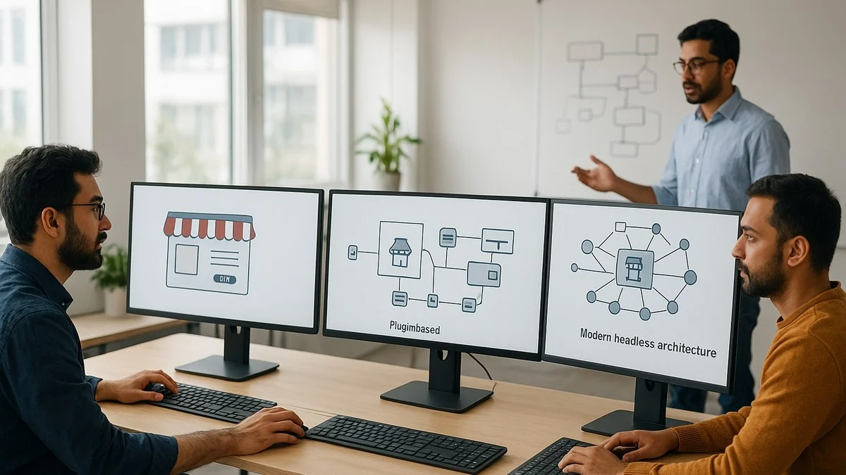 Development team comparing Shopify, WooCommerce and headless ecommerce architecture diagrams