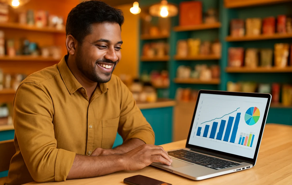 Indian small business owner reviewing Facebook and Instagram ad analytics on a laptop in their modern shop