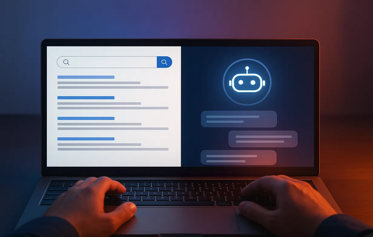 Split-screen concept contrasting a classic search results page with an AI chat answer interface