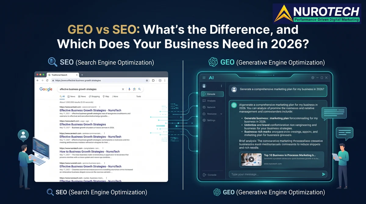 GEO vs SEO comparison — a classic Google search results page beside an AI chat answer, showing how generative engine optimization differs from traditional SEO in 2026