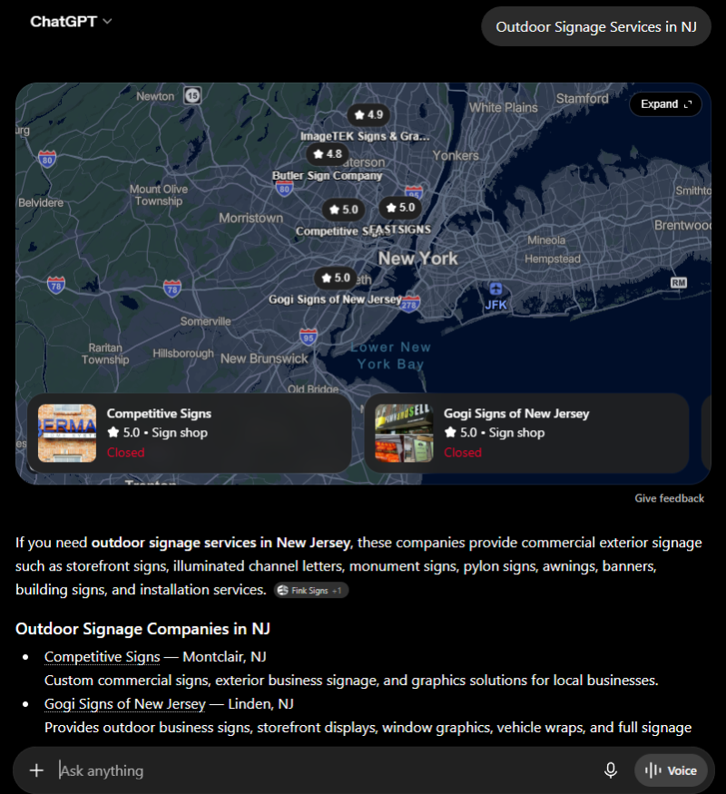 ChatGPT citation for query: Outdoor Signage Services in NJ — Listed #1 — Competitive Signs, Montclair, NJ
