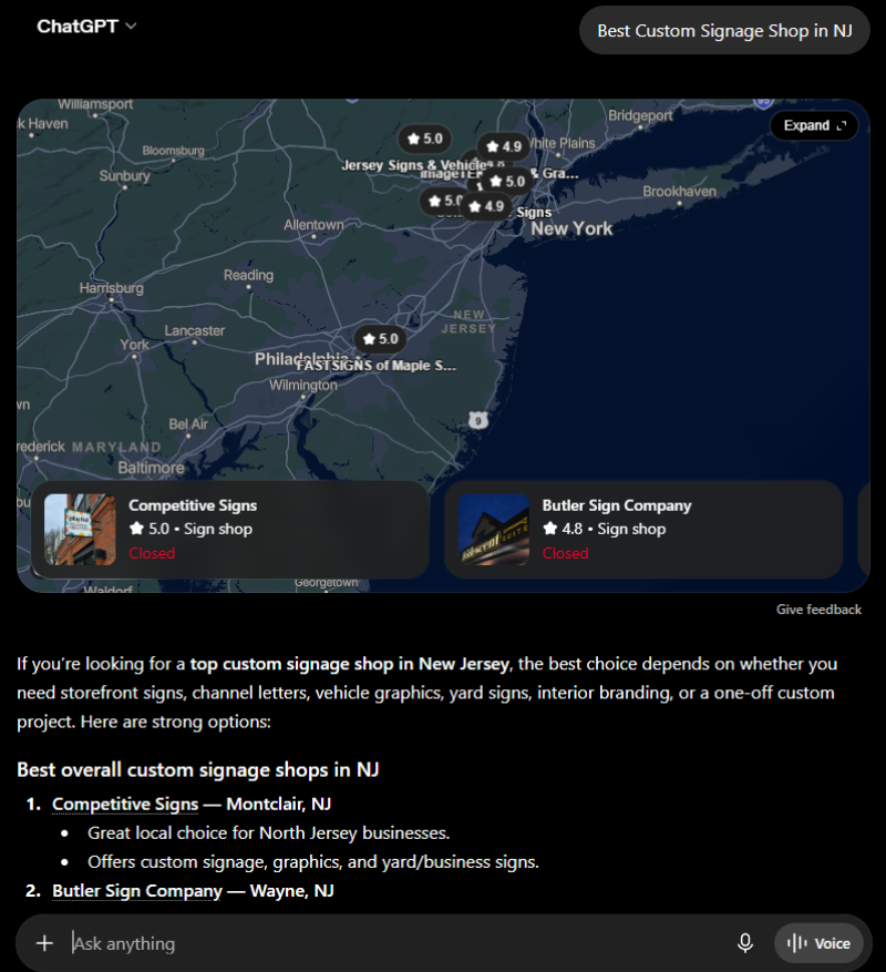ChatGPT citation for query: Best Custom Signage Shop in NJ — Listed #1 — Competitive Signs, Montclair, NJ