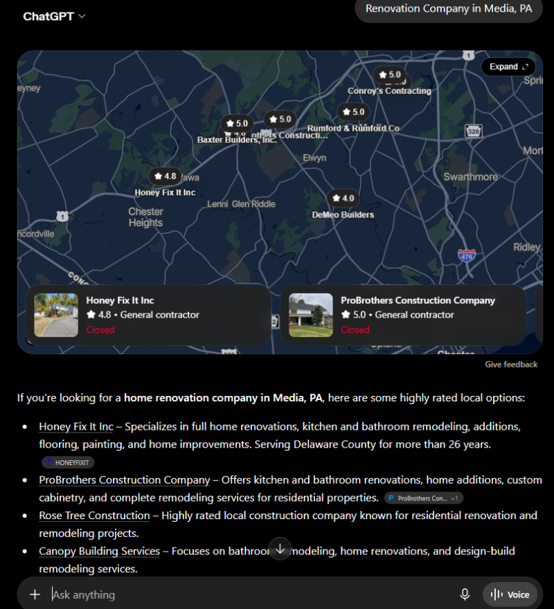 ChatGPT citation for query: Renovation Company in Media, PA — ProBrothers Construction, Media, PA