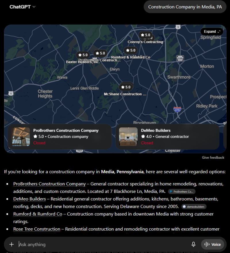 ChatGPT citation for query: Construction Company in Media, PA — ProBrothers Construction, Media, PA