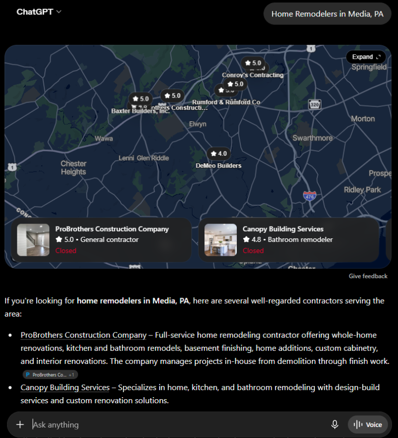 ChatGPT citation for query: Home Remodelers in Media, PA — Listed #1 — ProBrothers Construction, Media, PA