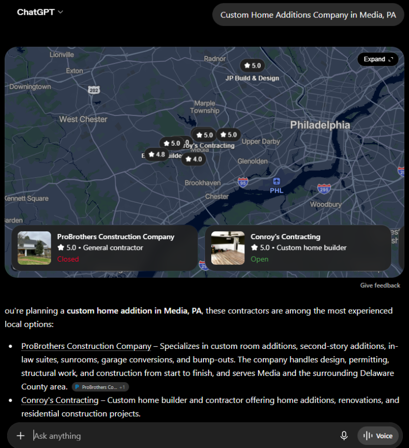 ChatGPT citation for query: Custom Home Additions Company in Media, PA — ProBrothers Construction, Media, PA