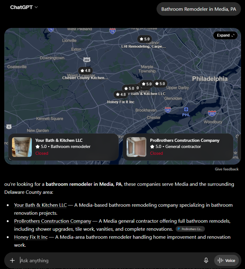 ChatGPT citation for query: Bathroom Remodeler in Media, PA — ProBrothers Construction, Media, PA