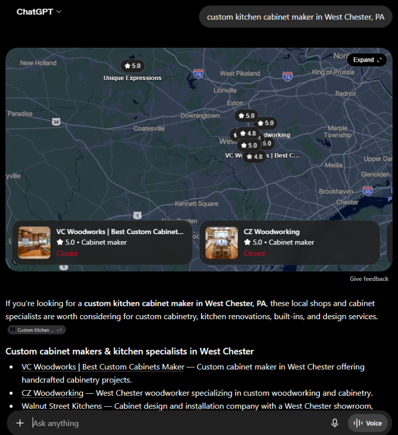 ChatGPT citation for query: Custom Kitchen Cabinet Maker in West Chester, PA — VC Woodworks, West Chester, PA