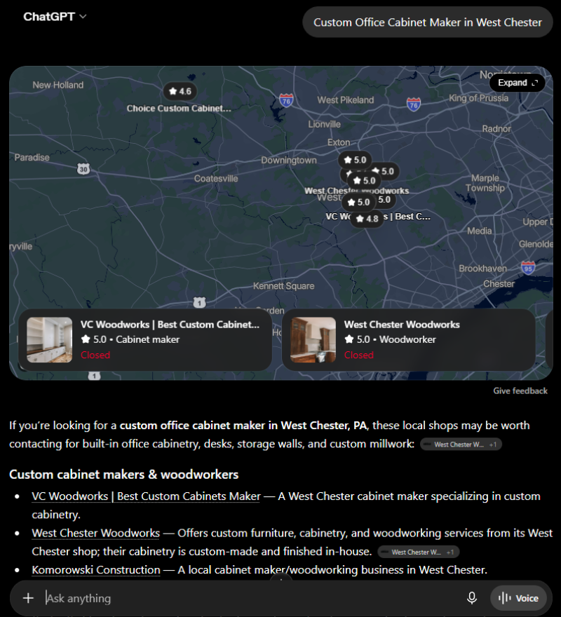 ChatGPT citation for query: Custom Office Cabinet Maker in West Chester — VC Woodworks, West Chester, PA