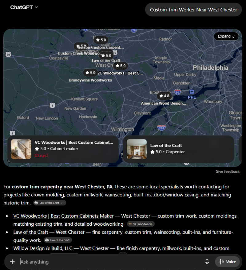 ChatGPT citation for query: Custom Trim Worker Near West Chester — VC Woodworks, West Chester, PA