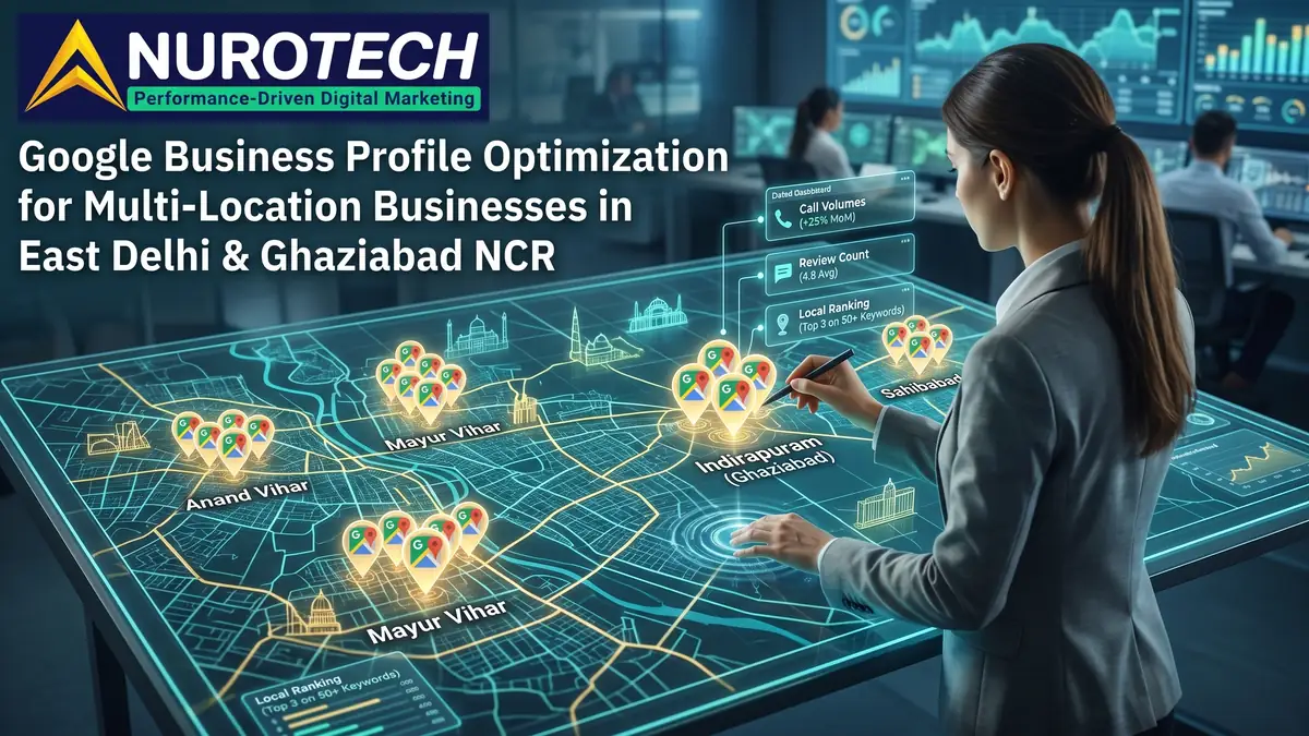 Google Business Profile optimization for multi-location businesses — branch listings mapped across Anand Vihar, Mayur Vihar, Indirapuram and Sahibabad in East Delhi and Ghaziabad NCR, with call volume, review count and local ranking metrics