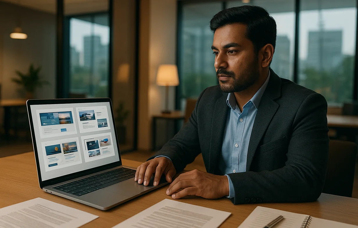 Business owner in Delhi reviewing website design portfolios and agency proposals on a laptop in a modern office