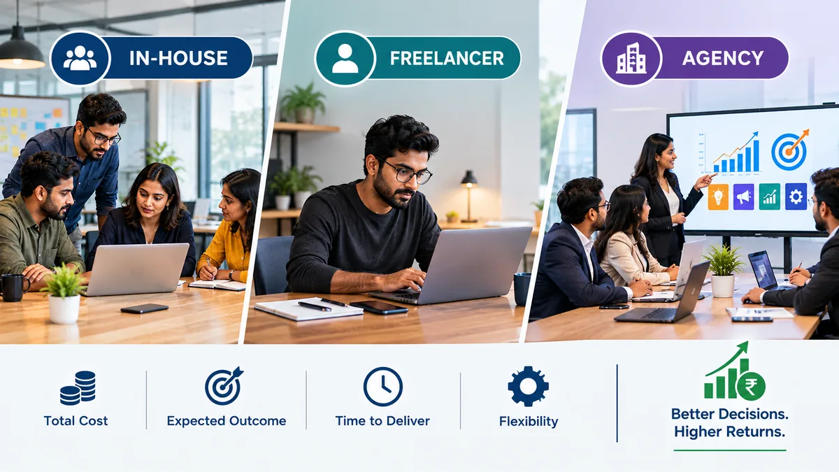 In-house team, freelancer and agency compared side by side on cost, outcome, delivery time and flexibility for choosing marketing talent