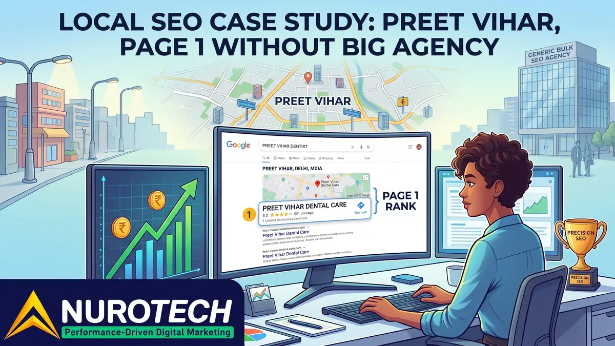 Local SEO case study — a Preet Vihar business ranking on page 1 of Google local search and the map pack, achieved without switching to a big Delhi agency