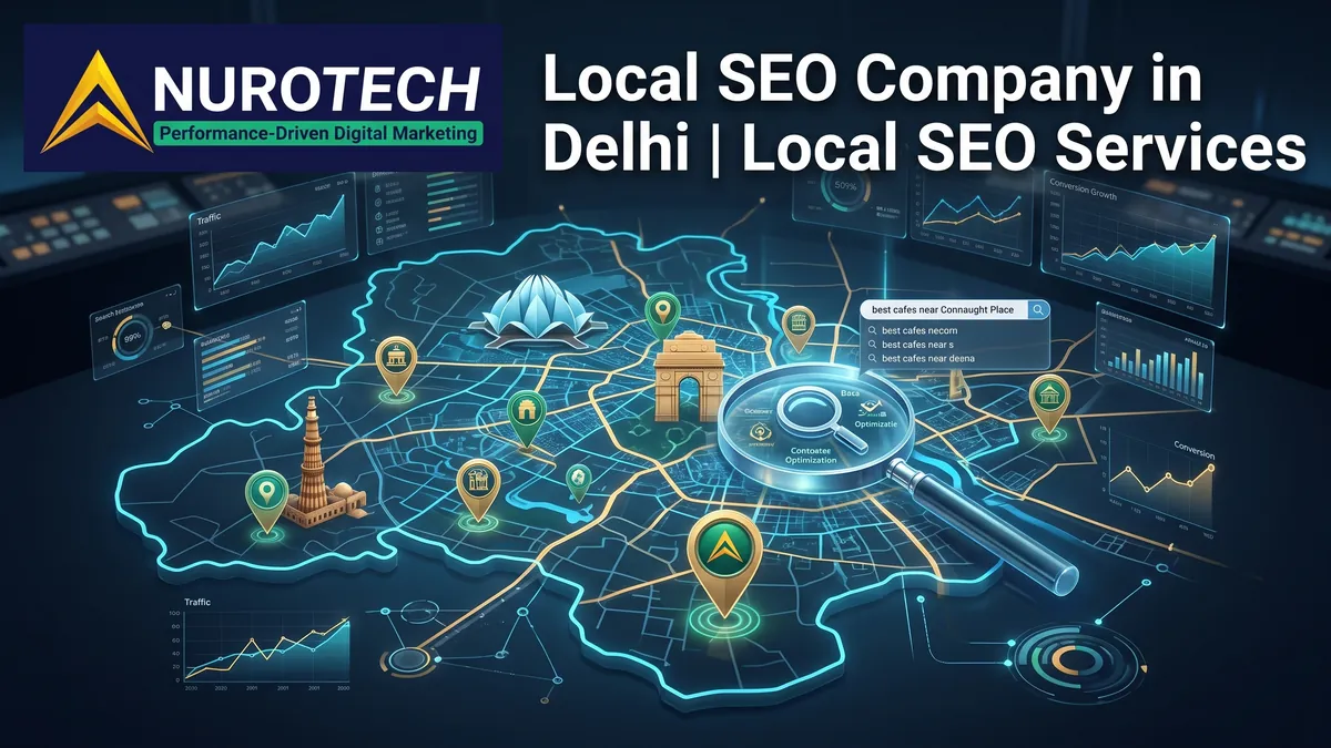 Local SEO company in Delhi — Nurotech local SEO services map with Google Business Profile pins on Delhi landmarks, a near-me local search and ranking growth charts
