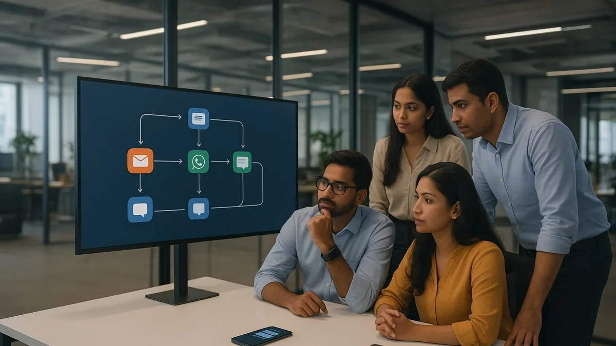 Marketing team reviewing an automated email and WhatsApp workflow diagram on a large monitor in an Indian office