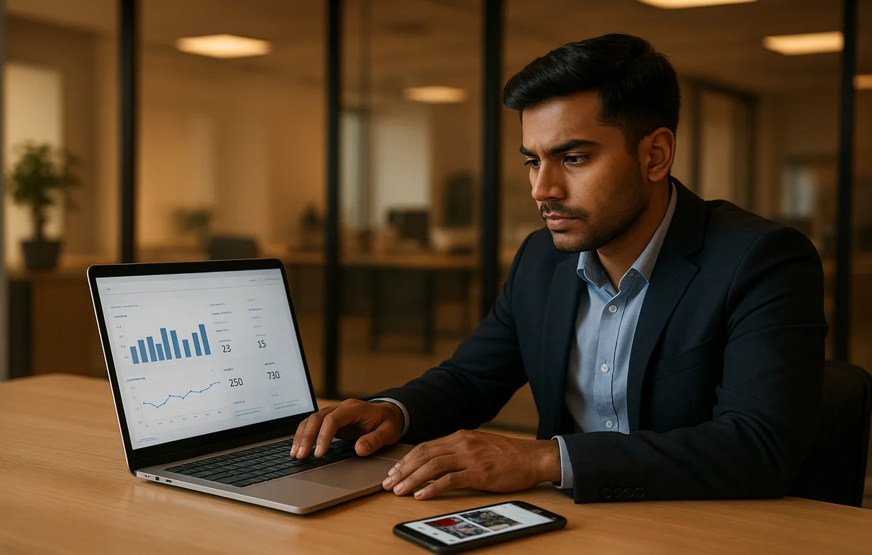 A Delhi business founder reviewing Meta Ads performance reports with a performance marketing agency team