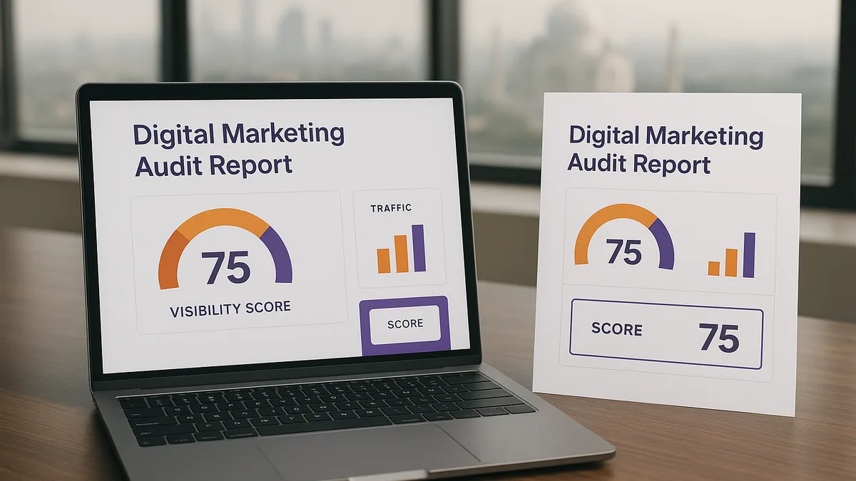 Mockup of Nurotech's free growth audit report showing AI search visibility scoring for a New Delhi business