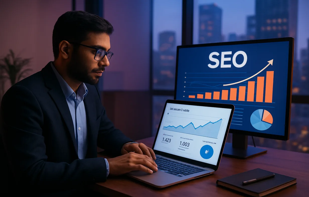 A marketing professional reviewing search-engine analytics and rising traffic graphs in a Delhi office