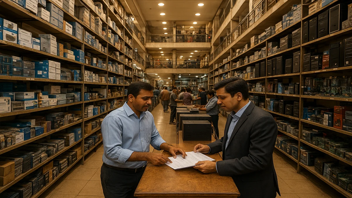 IT hardware trader reviewing a bulk corporate order with a buyer at a Nehru Place electronics shop
