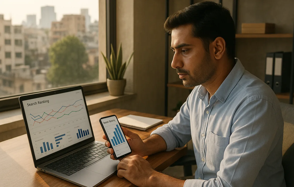 Delhi business owner reviewing search ranking analytics on a laptop