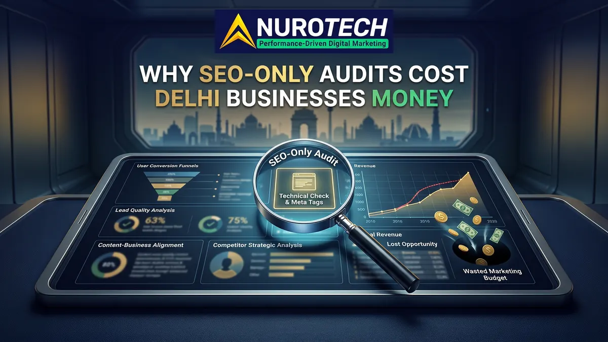 Why SEO-only audits cost Delhi businesses money — audit dashboard showing lost opportunity revenue and wasted marketing budget beyond technical checks and meta tags