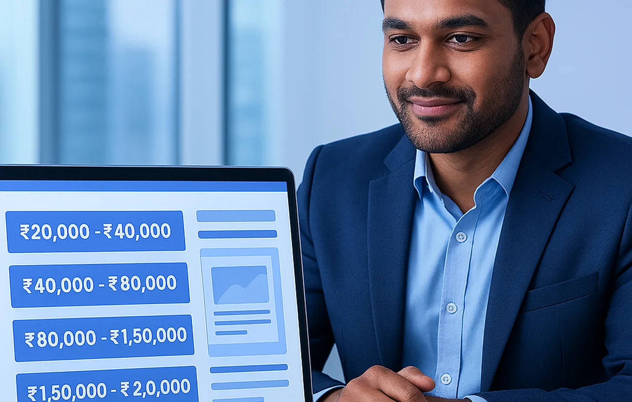 An Indian business owner reviewing website development costs and pricing tiers on a laptop in a modern Delhi office