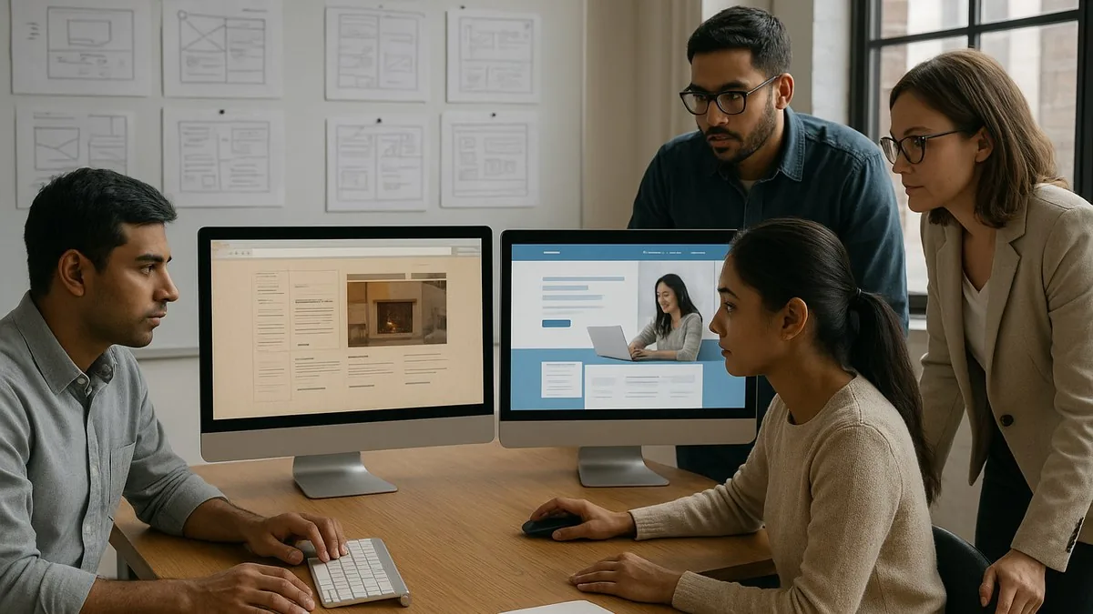 Delhi web design team comparing an outdated website layout with a modern responsive redesign on two monitors