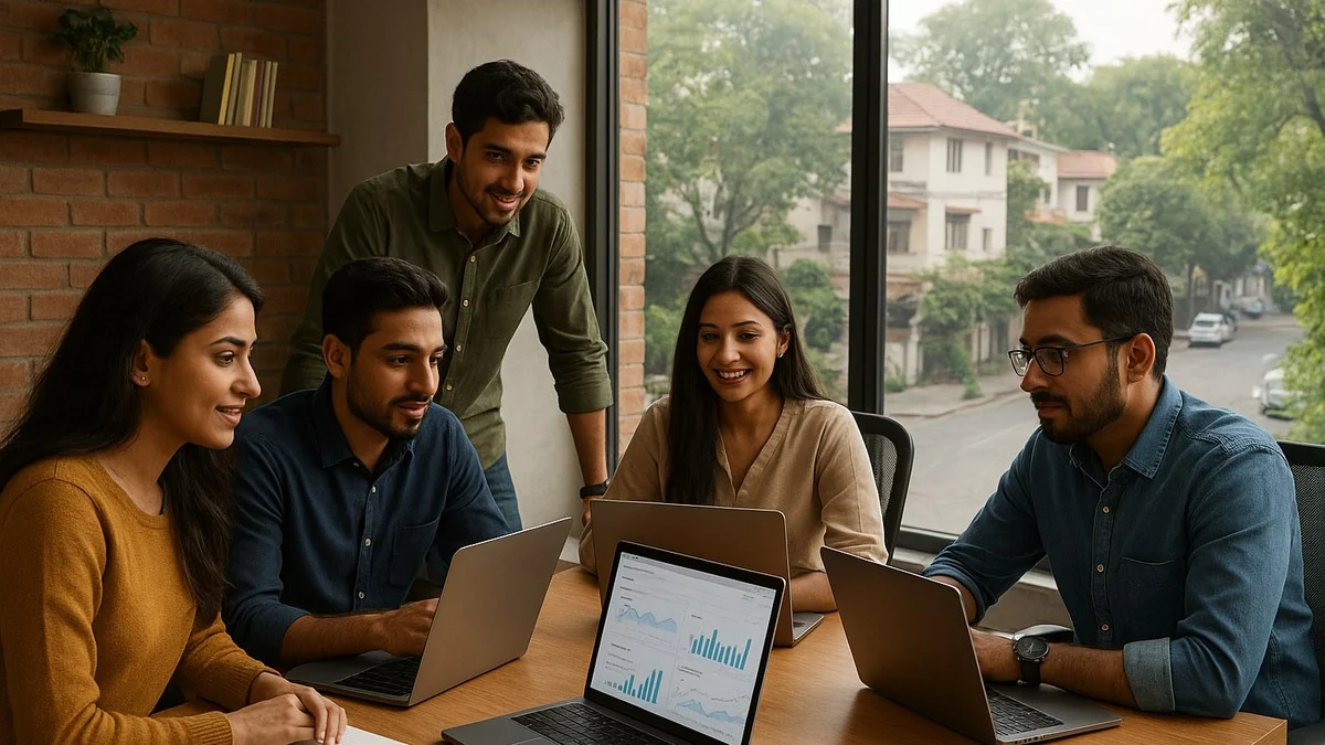 Small digital marketing agency team working together in a modern East Delhi office in Vivek Vihar